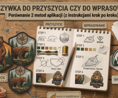 Naszywka do przyszycia czy do wprasowania – porównanie dwóch metod aplikacji plakietki haftowanej krok po kroku, szkicownik z instrukcjami szycia i prasowania, plakietki haftowane z motywem niedźwiedzia, nici i żelazko