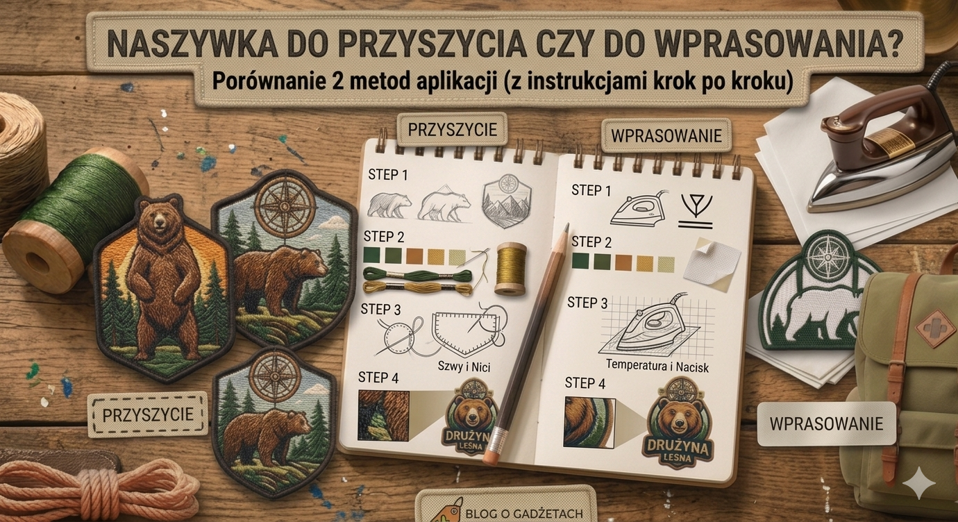 Naszywka do przyszycia czy do wprasowania – porównanie dwóch metod aplikacji plakietki haftowanej krok po kroku, szkicownik z instrukcjami szycia i prasowania, plakietki haftowane z motywem niedźwiedzia, nici i żelazko