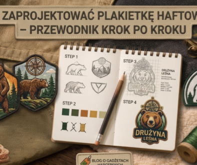 ak zaprojektować plakietkę haftowaną krok po kroku – szkicownik z etapami projektowania naszywki drużyny harcerskiej, gotowe plakietki haftowane z motywem niedźwiedzia i kompasu oraz nici i akcesoria harcerskie
