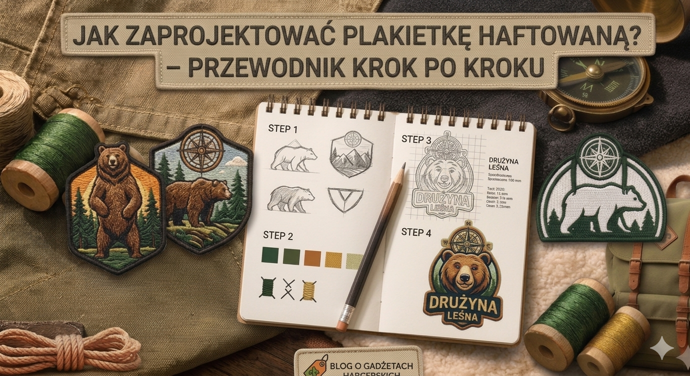 ak zaprojektować plakietkę haftowaną krok po kroku – szkicownik z etapami projektowania naszywki drużyny harcerskiej, gotowe plakietki haftowane z motywem niedźwiedzia i kompasu oraz nici i akcesoria harcerskie